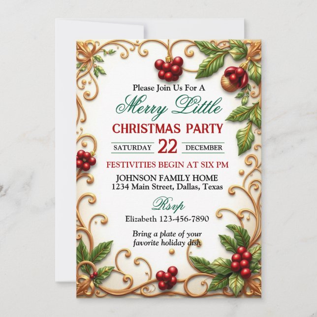 Convite Ornate Gold Border with Holly Christmas Party (Frente)