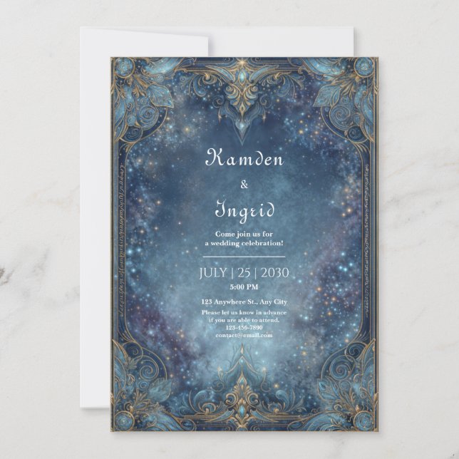 Convite Ornate Gold Celestial Galaxy Wedding (Frente)