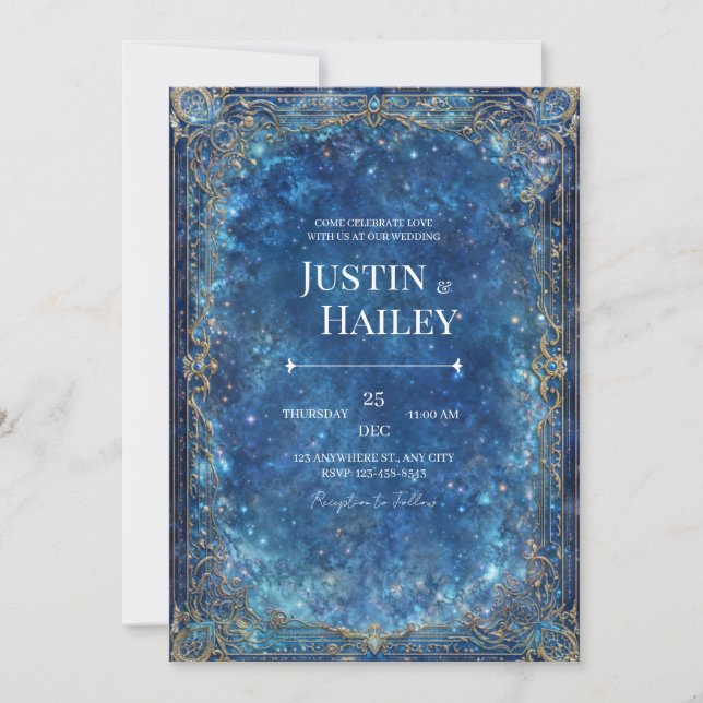 Convite Ornate Gold Celestial Galaxy Wedding (Frente)