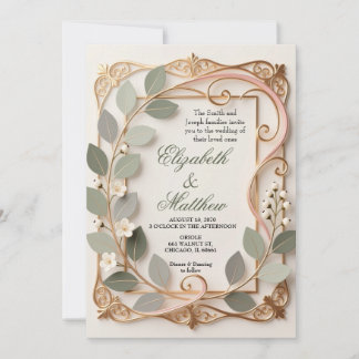 Convite Ornate Gold Scrollwork Pink Botanical Wedding 