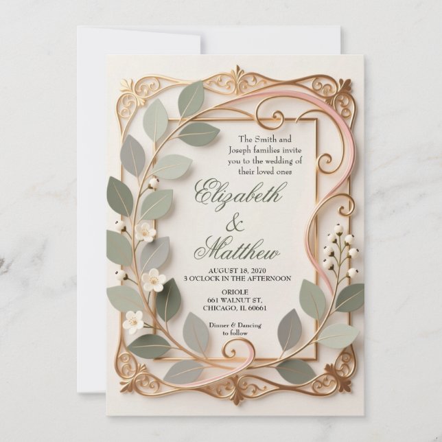 Convite Ornate Gold Scrollwork Pink Botanical Wedding  (Frente)