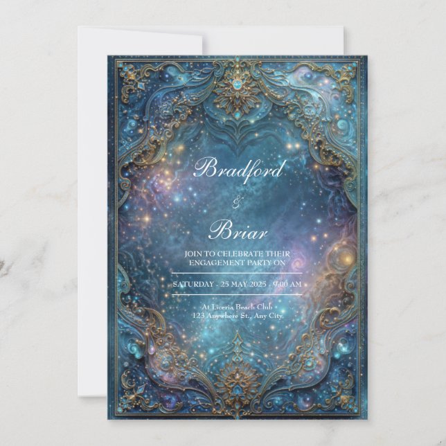 Convite Ornate Gold Teal Celestial Galaxy Frame Wedding (Frente)
