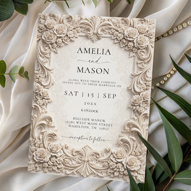 Convite Ornate Ivory Baroque Floral Wedding Invitation (Ornate Ivory Baroque Floral Wedding Invitation)