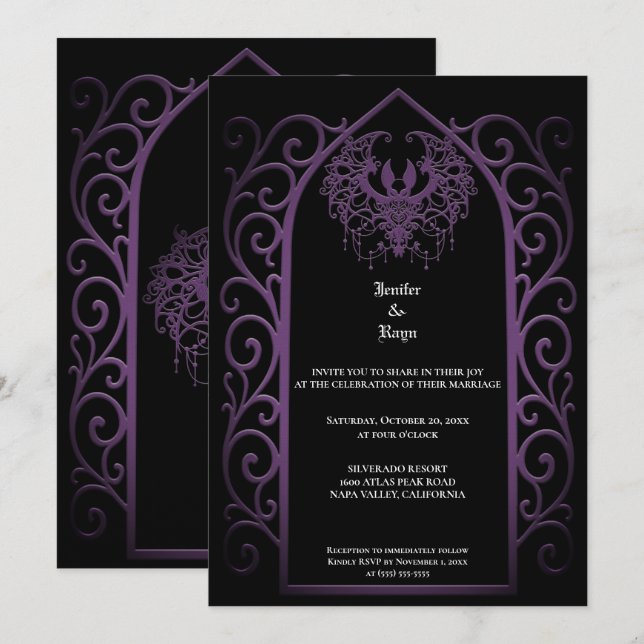 Convite Ornate purple border Gothic wedding Invitation (Frente/Verso)