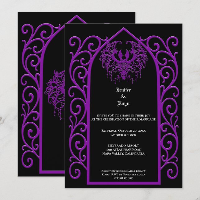 Convite Ornate purple border Gothic wedding Invitation (Frente/Verso)