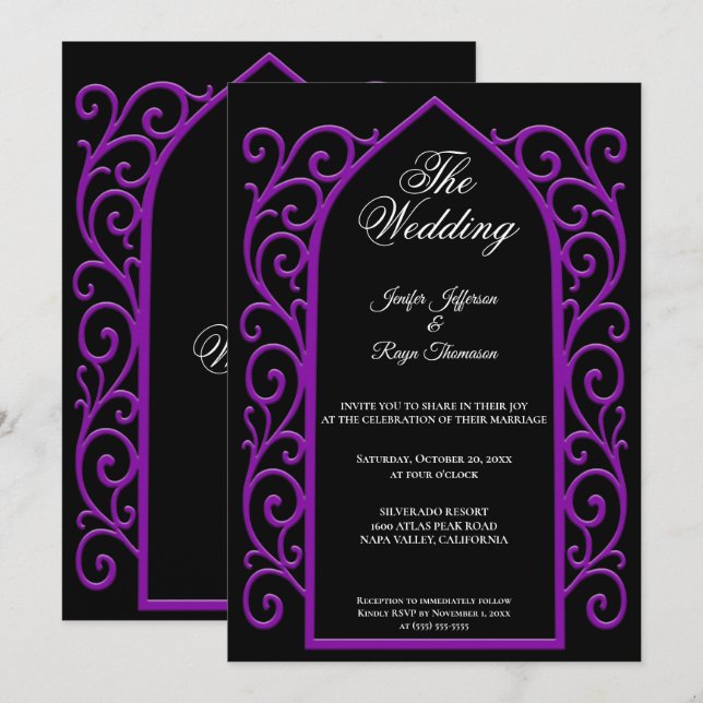 Convite Ornate purple border Gothic wedding Invitation (Frente/Verso)