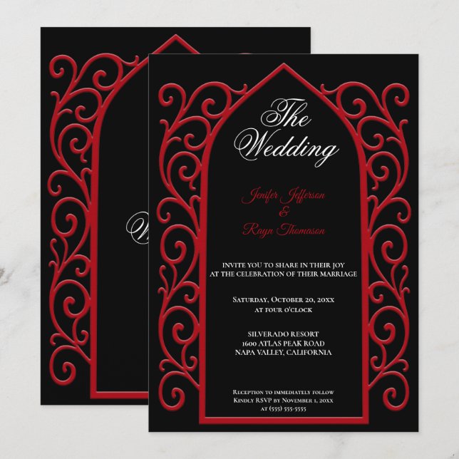 Convite Ornate red border Gothic wedding Invitation (Frente/Verso)