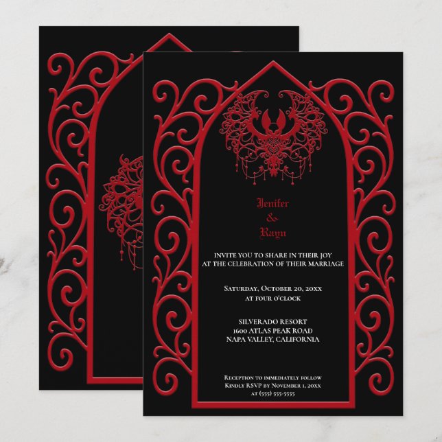 Convite Ornate red border Gothic wedding Invitation (Frente/Verso)