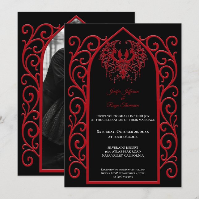 Convite Ornate red border Photo Gothic wedding Invitation (Frente/Verso)