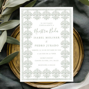 Convite Ornate Romântico Verde Musgo Nuestra Boda Casament
