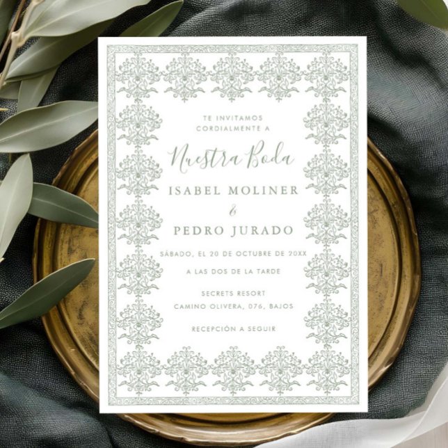 Convite Ornate Romântico Verde Musgo Nuestra Boda Casament (Criador carregado)