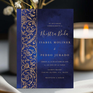 Convite Ornato Floral Dourado Azul Nuestra Boda Casamento