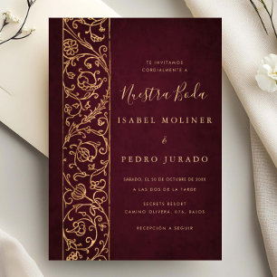 Convite Ornato Floral Dourado Borgonha Nossa Noiva Casamen