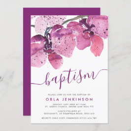 Convite Orquídea Aquarela Batismo Roxo