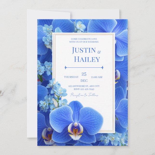 Convite Orquídea Azul Real Casamento Tropical Moderno (Frente)