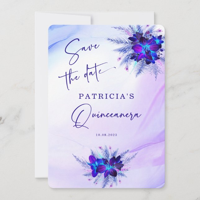 Convite Orquídea Azul Roxa Quinceañera Salve a Data (Frente)