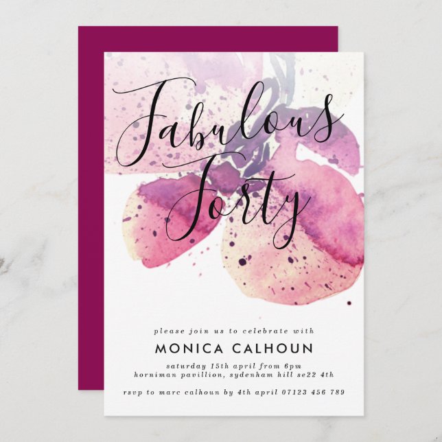 Convite Orquídea Berry Watercolor do Partido aniversário d (Frente/Verso)