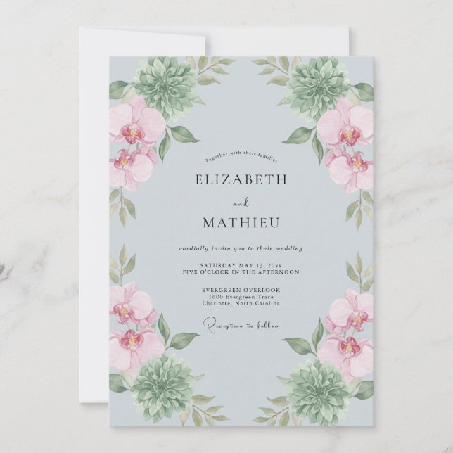 Convite Orquídea Botânica Casamento Azul Empoeirado (Frente)