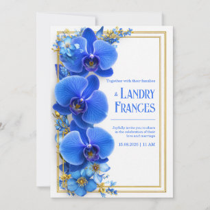 Convite Orquídea Botânica Dourada Azul Cobalto Casamento