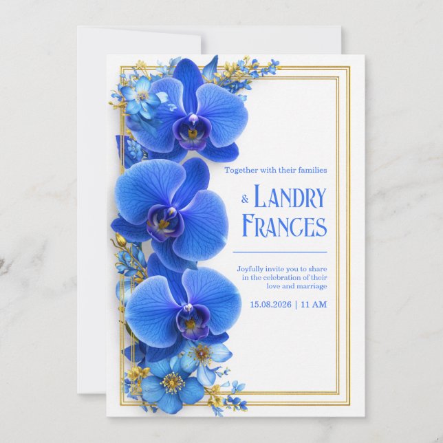 Convite Orquídea Botânica Dourada Azul Cobalto Casamento (Frente)