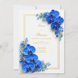 Convite Orquídea Botânica Dourada Azul Safira Casamento
