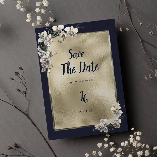 Convite Orquídea branca-dourada-azul-Marinha Salva a Data (Glam navy blue gold white orchid Save The Date)