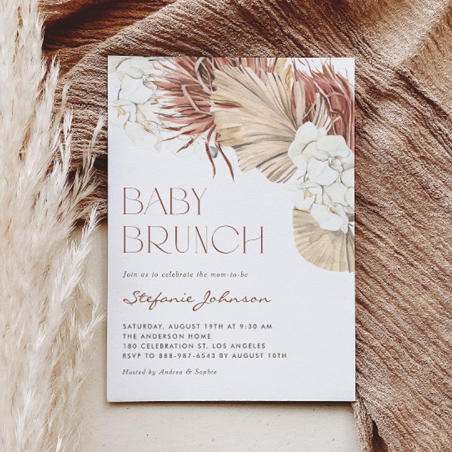 Convite Orquídea Branca e Palmeira Seca Brunch Boho de Beb (This baby brunch invitation features a bohemian design with watercolor orchids, palm and pampas.)