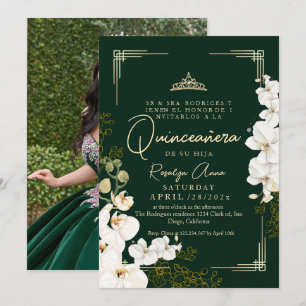 Convite Orquídea Branca, Esmerald Verde Princesa Quinceañe