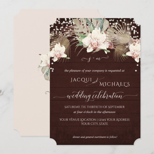 Convite Orquídea Branca Rustic Twinkle Floral Burgundy Mad (Frente/Verso)