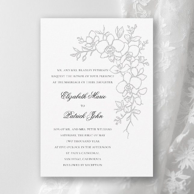 Convite Orquídea Brilho Formal Tradicional Casamento Branc (orchid wedding invitation white gleam formal modern classic traditional black tie parents hosting)