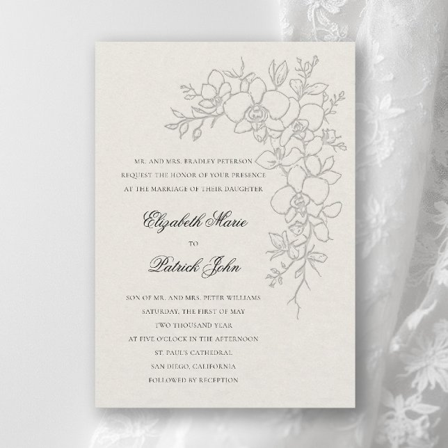 Convite Orquídea Brilho Formal Tradicional Ecru Casamento (orchid wedding invitation ecru gleam formal modern classic traditional black tie parents hosting)