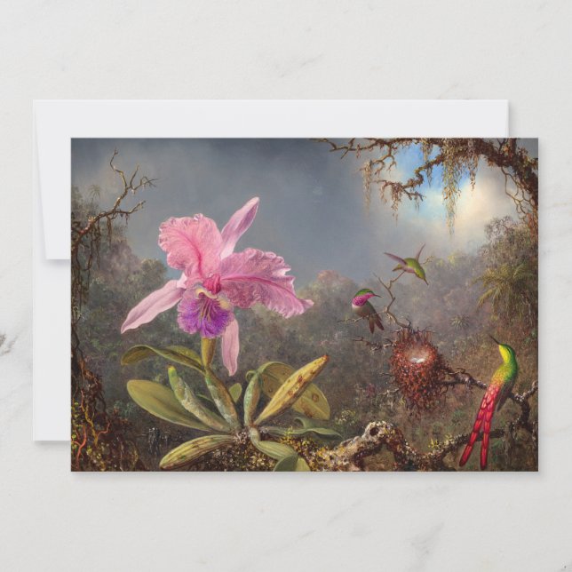 Convite Orquídea Cattleya e três beija-flores por Heade (Frente)