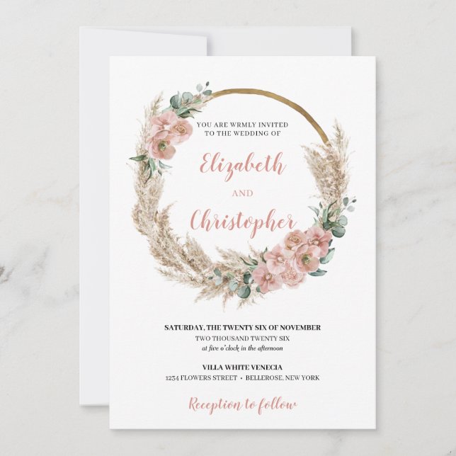 Convite Orquídea de Rosa Eucalipto de Grama Seca Pampas (Frente)