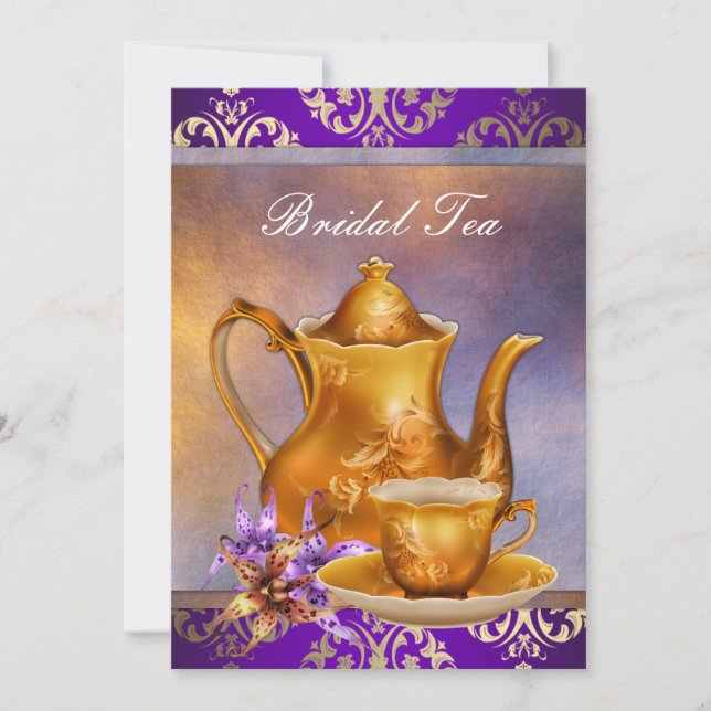 Convite Orquídea Elegante, Dourada e Purple Bridal Tea Par (Frente)
