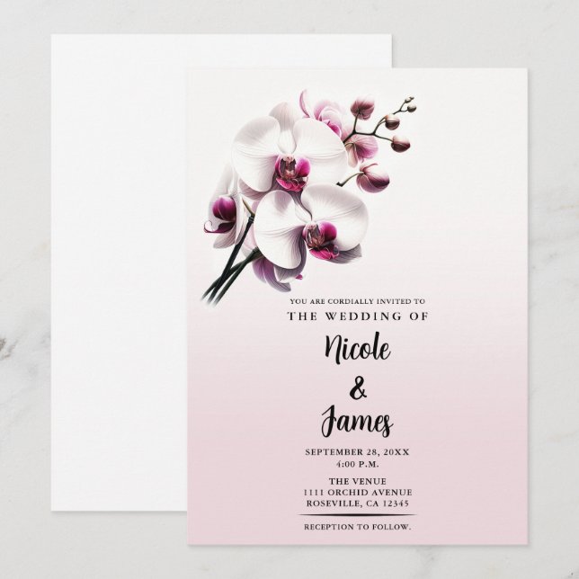 Convite Orquídea Flor Rosa e Branco Casamento (Frente/Verso)