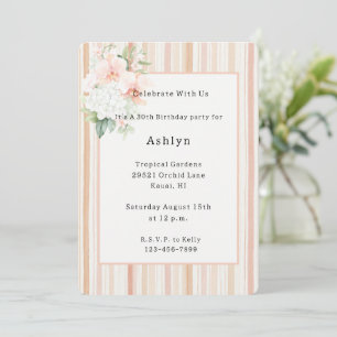 Convite Orquídea Floral Listras de Pêssego de Aniversário 