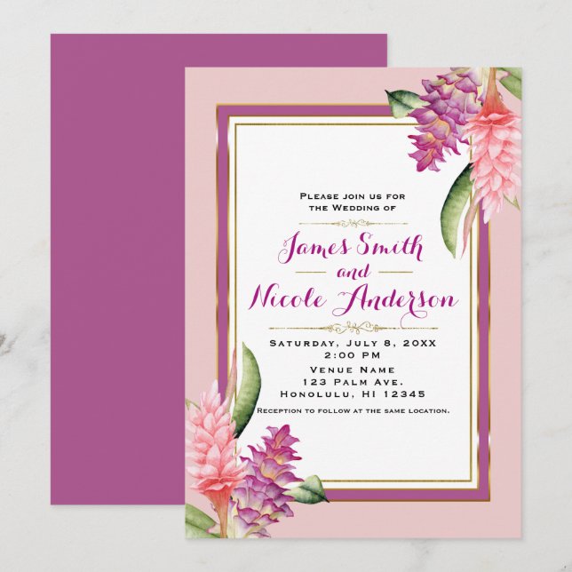 Convite Orquídea Floral Tropical Roxo e Rosa Casamento Chi (Frente/Verso)
