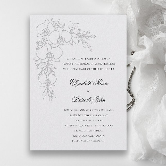 Convite Orquídea Grinalda Formal Tradicional Casamento Mar (orchid wedding invitation ivory garland formal modern classic traditional black tie parents hosting)