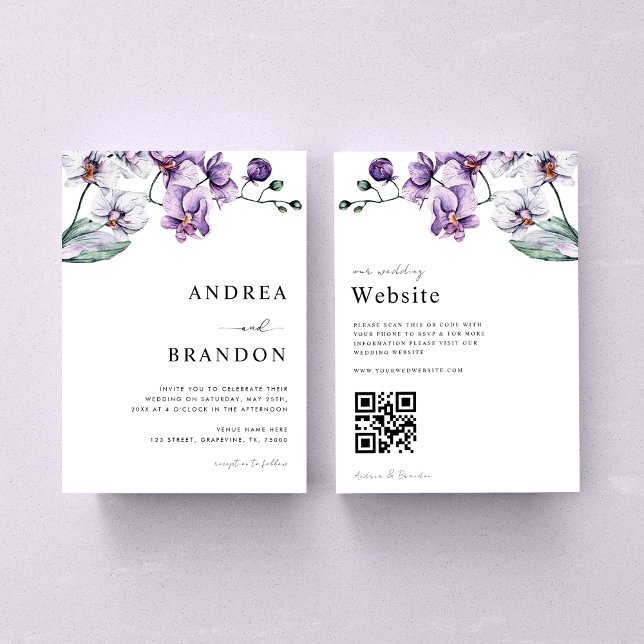 Convite Orquídea Lilac Roxo Código QR Tudo em Um Casamento (Criador carregado)