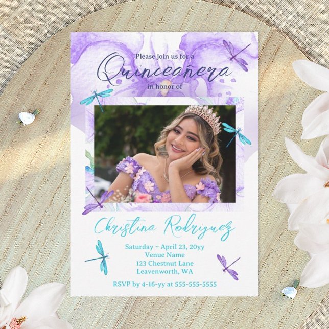 Convite Orquídea púrpura, Turquesa, Dragões Quinceanera (dragonflies quinceanera invitation template, purple and turquoise mis quince anos)