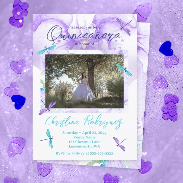 Convite Orquídea púrpura, Turquesa, Dragões Quinceanera (Purple quinceanera invitations with purple and turquoise dragonfly, whimsical budget mis quince anos)