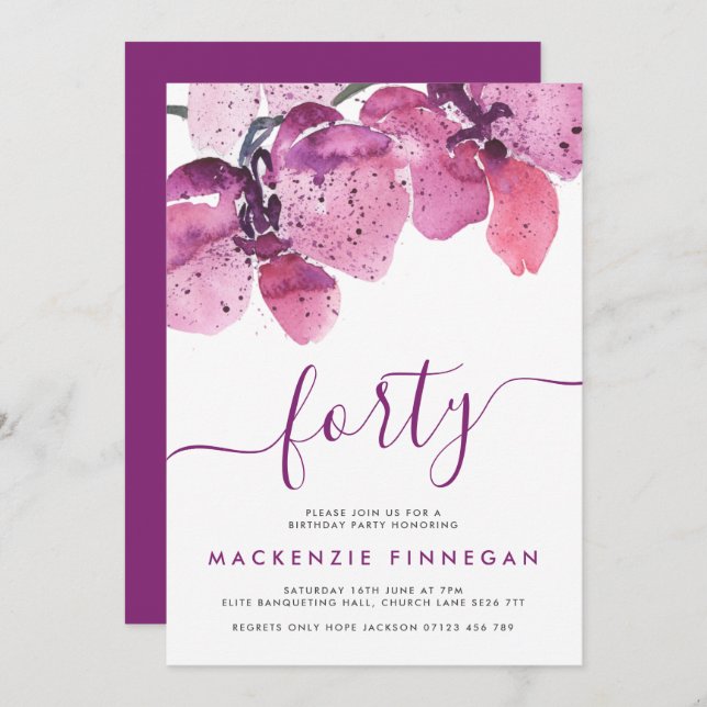 Convite Orquídeas Aquarelas Roxo Forte Festa de aniversári (Frente/Verso)