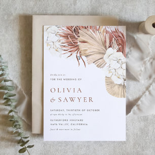 Convite Orquídeas Boho e Folhas de Palmeira Secas Código Q