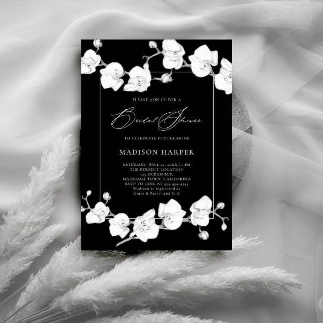 Convite Orquídeas brancas Chá de panela de desenho do graf (orchids bridal shower invitation black white art floral sketch modern classic formal elegant chic)
