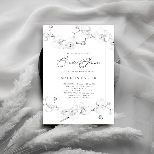 Convite Orquídeas Brancas Chá de panela Moderno de Arte Br (orchids bridal shower invitation black and white art floral sketch modern classic formal romantic)