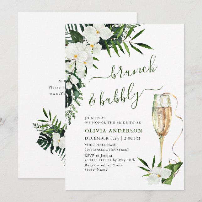Convite Orquídeas Brancas Elegantes Boêmio BRUNCH & BEBIDA (Frente/Verso)
