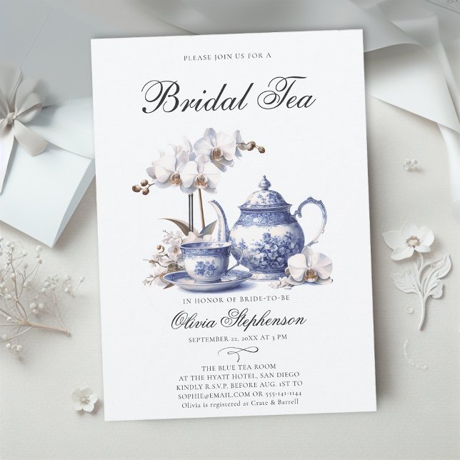 Convite Orquídeas brancas Hampton Toile Bridal Chá (bridal tea party white orchids french toile hampton style something blue invitation modern elegant)