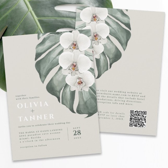 Convite Orquídeas Brancas Modernas Código QR Casamento Tro (Available in both printed and digital formats.)
