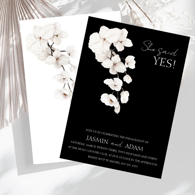 Convite Orquídeas Brancas Negras Modernas Ela Disse Sim No (Modern Black and White Orchids Flowers 'She Said Yes!' Engagement Party Invite)