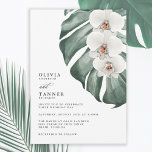 Convite Orquídeas Brancas no Casamento Tropical de Monster<br><div class="desc">Dê vida à sua visão de casamento de sonho com este design de convite de casamento tropical único. Apresenta um trio de elegantes orquídeas brancas e uma bela folha Monstera em cores d'água pintadas. A design é simples e elegante com um olhar minimalista energizado pelos elementos botânicos tropicais. Esse convite...</div>